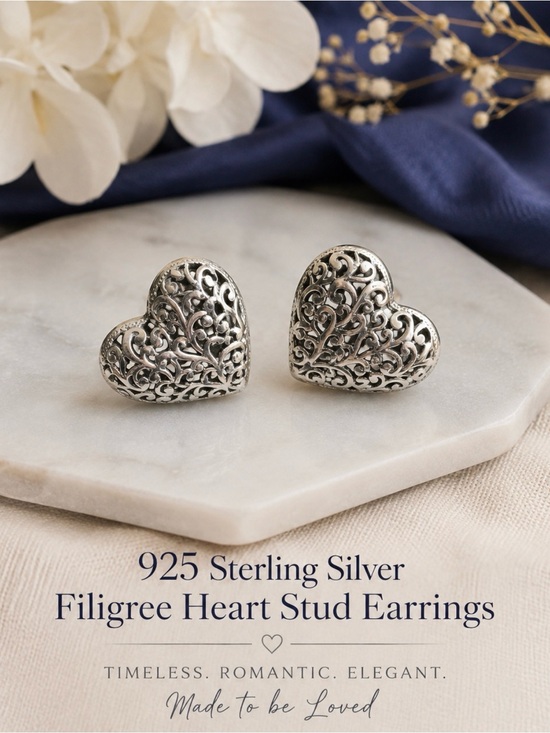 Jewelry - Earrings Filigree 925 Sterling Silver Heart Post Backs Studs Signed Stamped